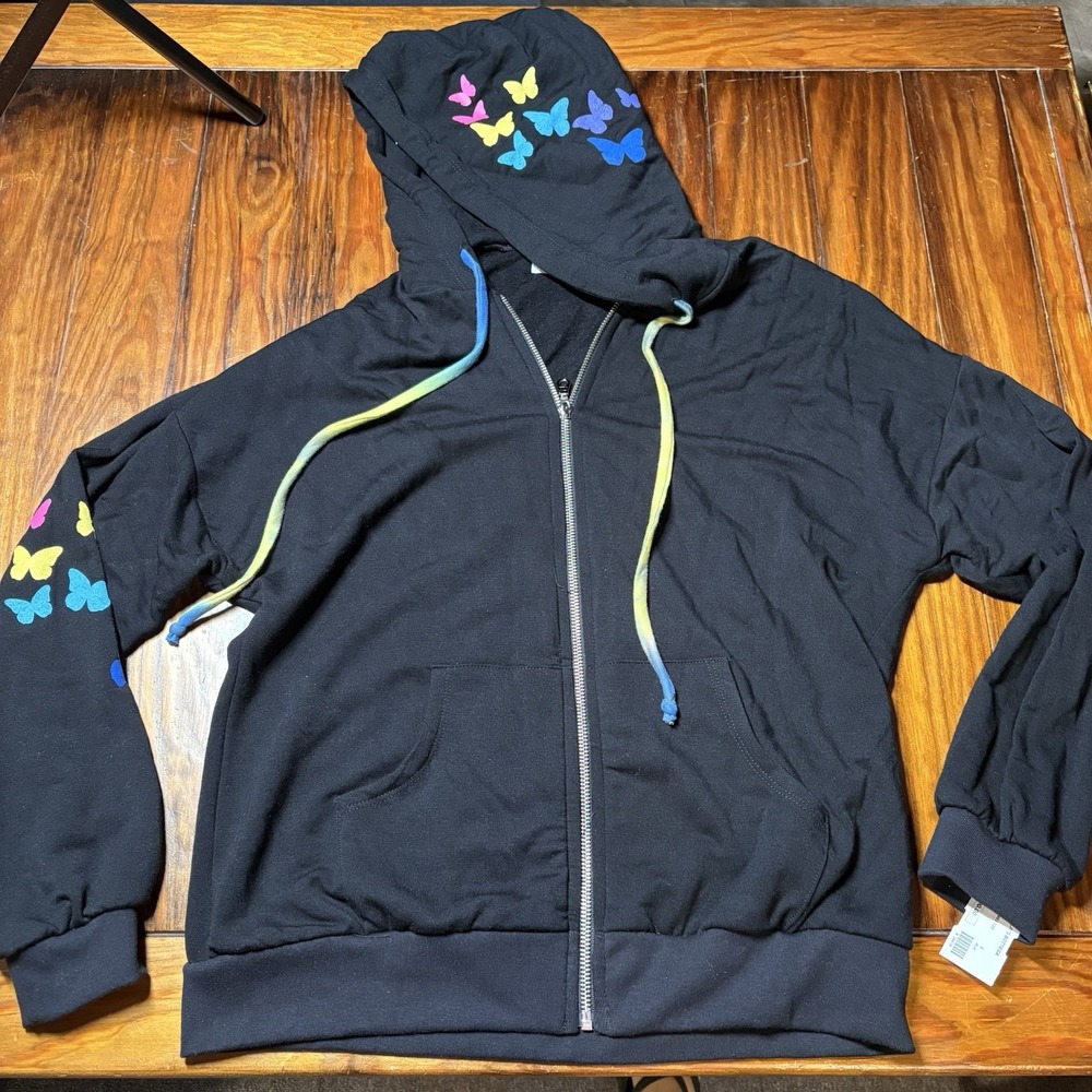 Lauren Moshi Black Rainbow Butterflies Cosmic Star Full Zip Hoodie Sz S A1168